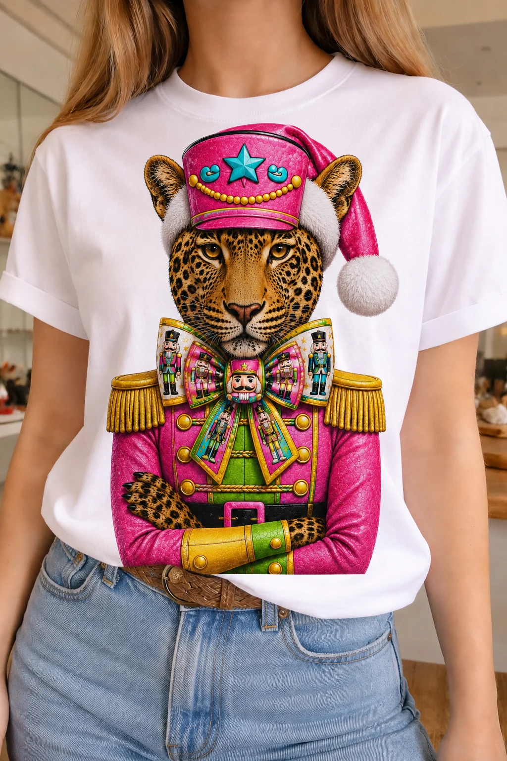 Bling-a-gogo white graphic tee with a colorful leopard nutcracker design